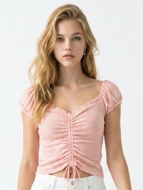 BWEAR | NEW Cinch Front Off the Shoulder Orange White Stripe Top Women’s Size L